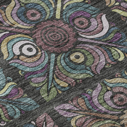 5' X 8' Black Purple And Teal Medallion Washable Area Rug With UV Protection