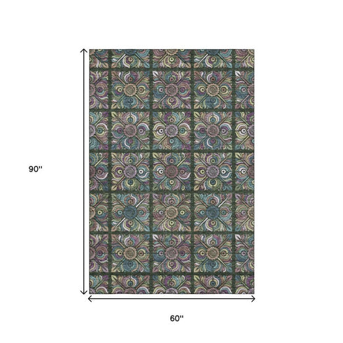 5' X 8' Fern Green Purple And Teal Medallion Washable Area Rug With UV Protection