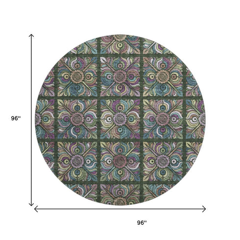 8' Fern Green Purple And Teal Medallion Washable Round Rug With UV Protection