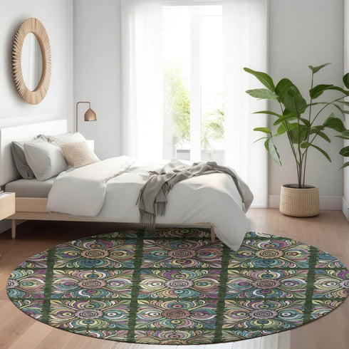 8' Fern Green Purple And Teal Medallion Washable Round Rug With UV Protection