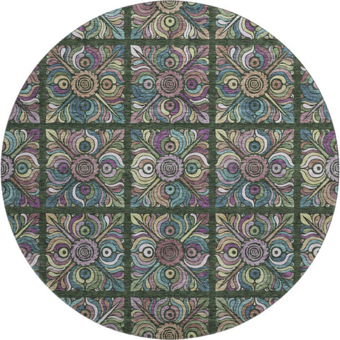 8' Fern Green Purple And Teal Medallion Washable Round Rug With UV Protection