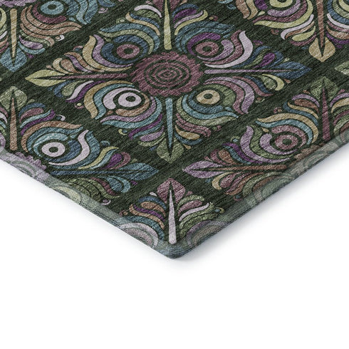 8' Fern Green Purple And Teal Medallion Washable Round Rug With UV Protection