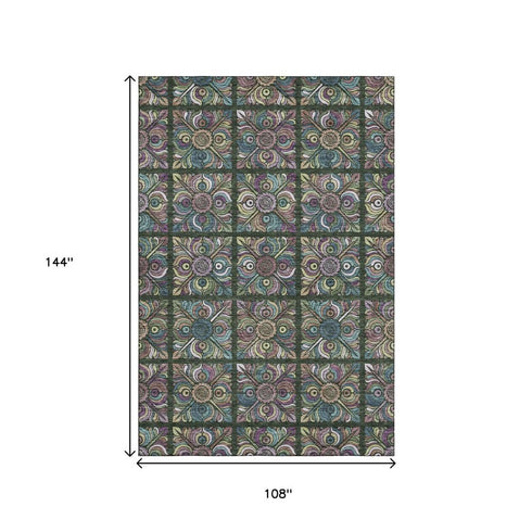 9' X 12' Fern Green Purple And Teal Medallion Washable Area Rug With UV Protection
