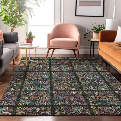 9' X 12' Fern Green Purple And Teal Medallion Washable Area Rug With UV Protection