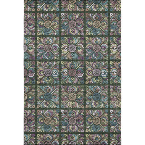9' X 12' Fern Green Purple And Teal Medallion Washable Area Rug With UV Protection