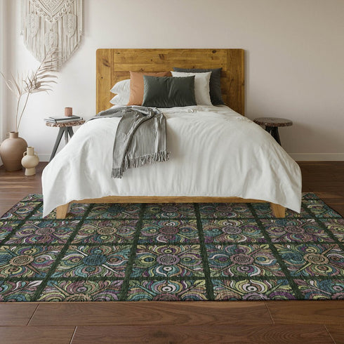 9' X 12' Fern Green Purple And Teal Medallion Washable Area Rug With UV Protection