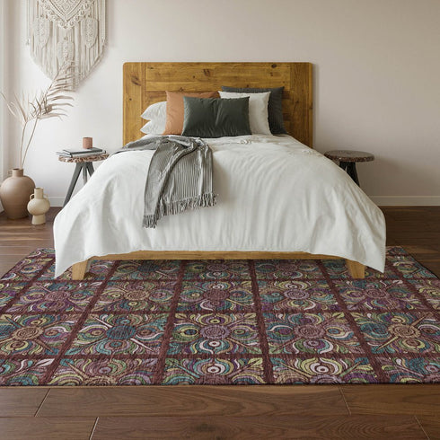 8' X 10' Rust Purple And Teal Medallion Washable Area Rug With UV Protection