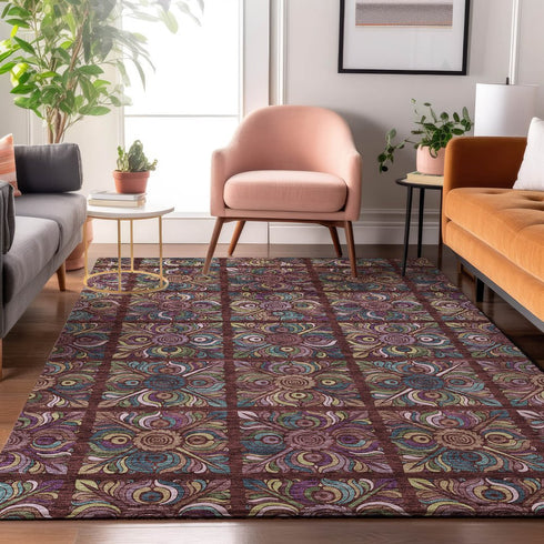 8' X 10' Rust Purple And Teal Medallion Washable Area Rug With UV Protection