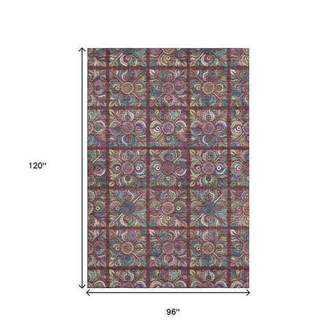8' X 10' Rust Purple And Teal Medallion Washable Area Rug With UV Protection
