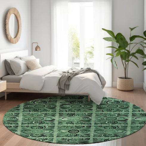 8' Green And Charcoal Medallion Washable Round Rug With UV Protection