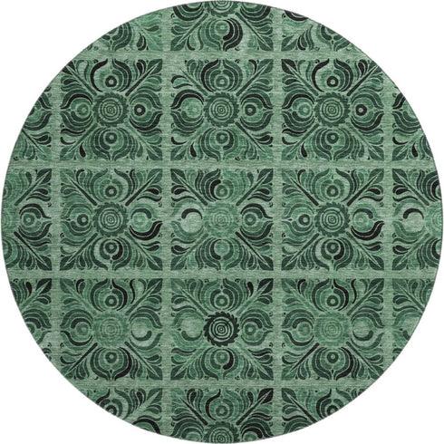 8' Green And Charcoal Medallion Washable Round Rug With UV Protection