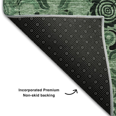 8' Green And Charcoal Medallion Washable Round Rug With UV Protection