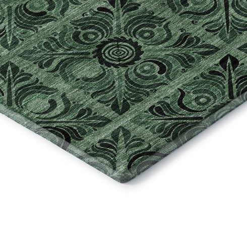 8' Green And Charcoal Medallion Washable Round Rug With UV Protection