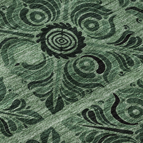 8' Green And Charcoal Medallion Washable Round Rug With UV Protection