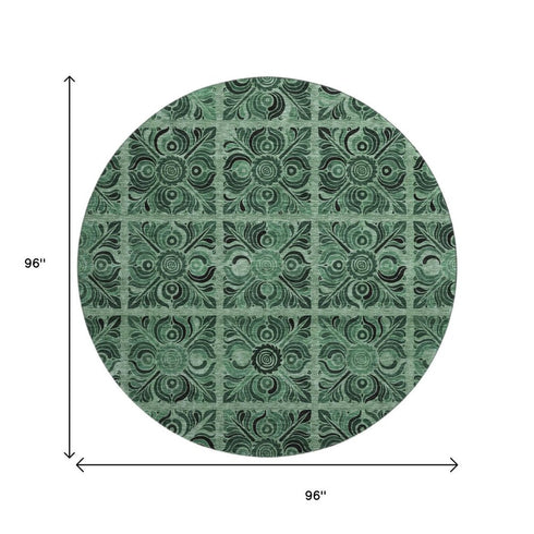8' Green And Charcoal Medallion Washable Round Rug With UV Protection