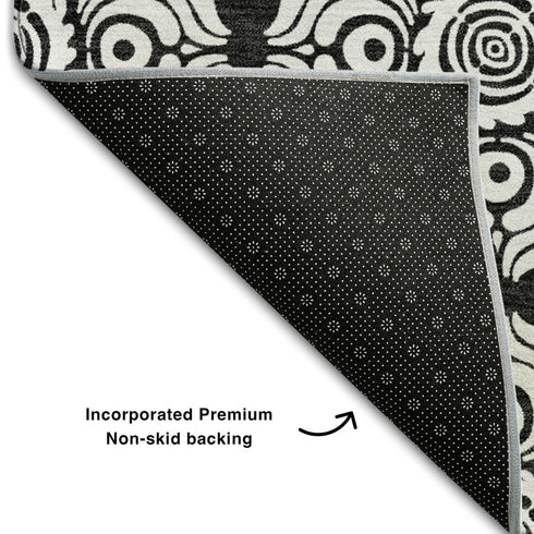 5' X 8' Black And Ivory Medallion Washable Area Rug With UV Protection
