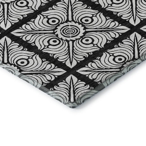 5' X 8' Black And Ivory Medallion Washable Area Rug With UV Protection