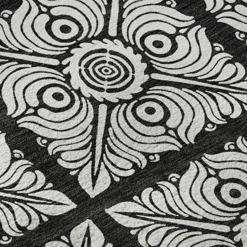 5' X 8' Black And Ivory Medallion Washable Area Rug With UV Protection