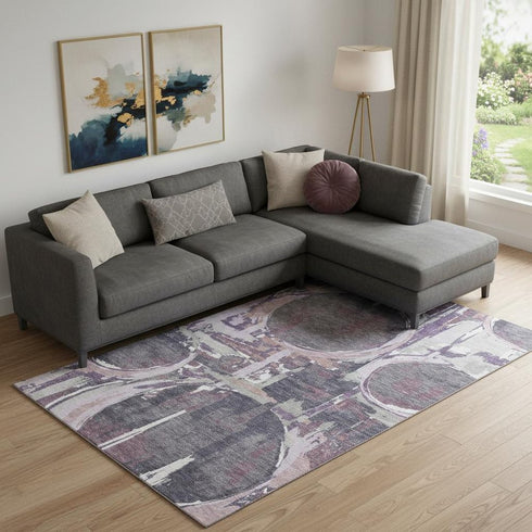 8' X 10' Purple Gray And Lavender Geometric Washable Area Rug With UV Protection