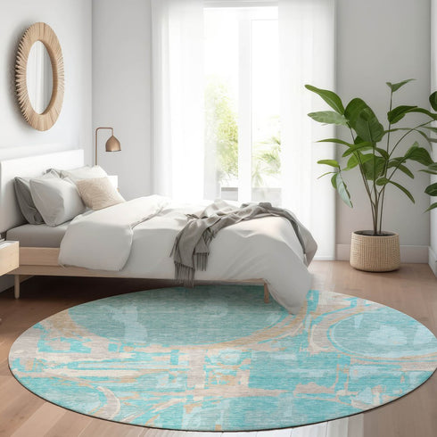 8' Teal Taupe And Beige Geometric Washable Round Rug With UV Protection