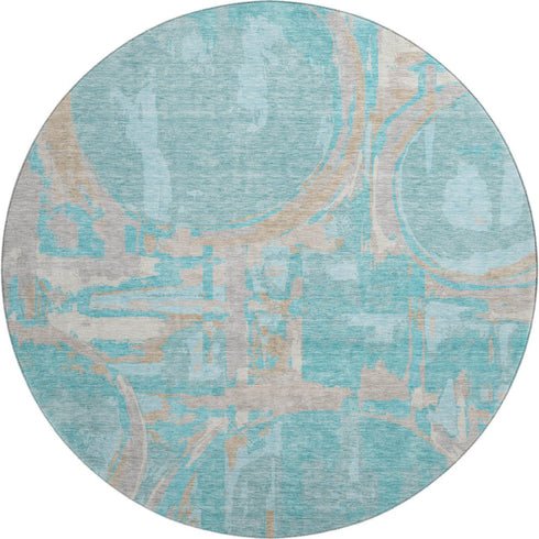 8' Teal Taupe And Beige Geometric Washable Round Rug With UV Protection