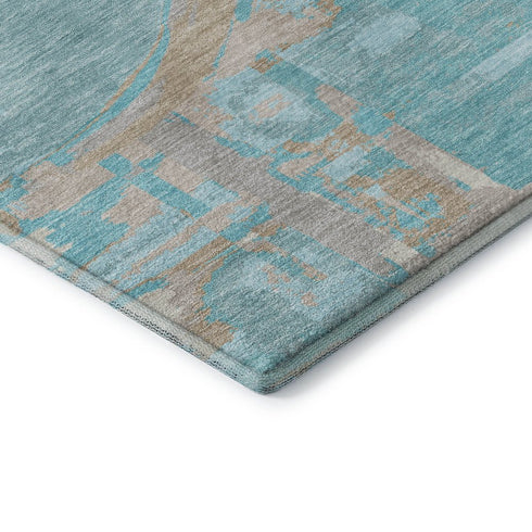 8' Teal Taupe And Beige Geometric Washable Round Rug With UV Protection