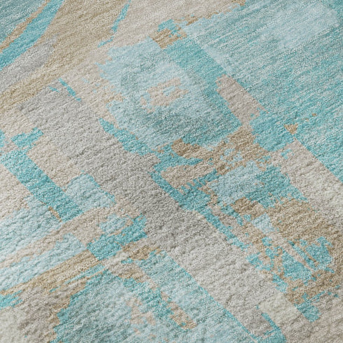 8' Teal Taupe And Beige Geometric Washable Round Rug With UV Protection