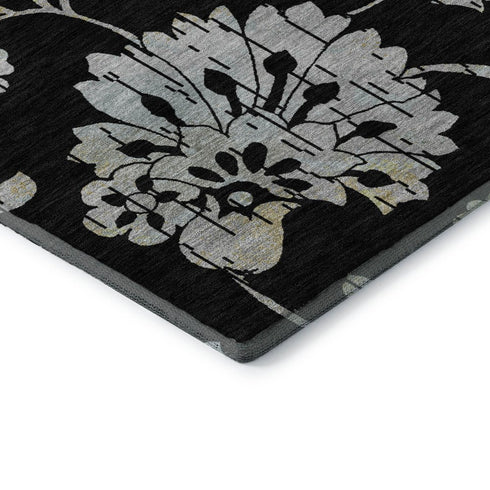 8' X 10' Black Silver And Beige Floral Washable Area Rug With UV Protection