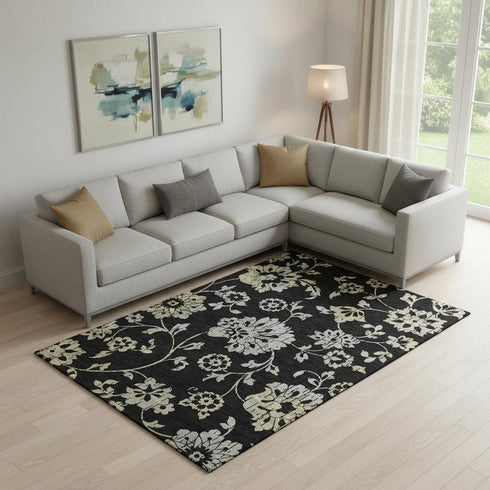 8' X 10' Black Silver And Beige Floral Washable Area Rug With UV Protection