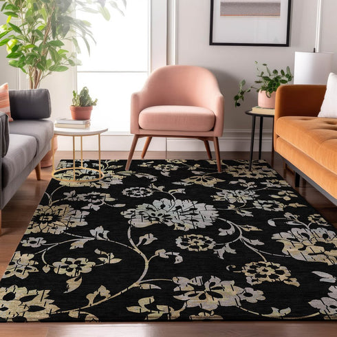 9' X 12' Black Silver And Beige Floral Washable Area Rug With UV Protection