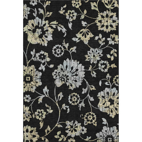 9' X 12' Black Silver And Beige Floral Washable Area Rug With UV Protection