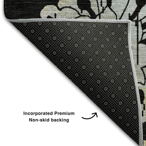 9' X 12' Black Silver And Beige Floral Washable Area Rug With UV Protection