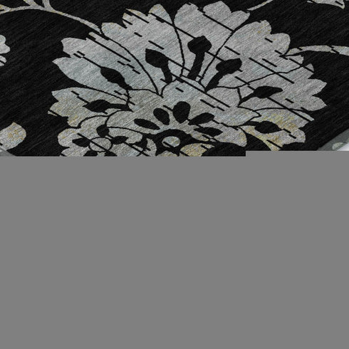 9' X 12' Black Silver And Beige Floral Washable Area Rug With UV Protection