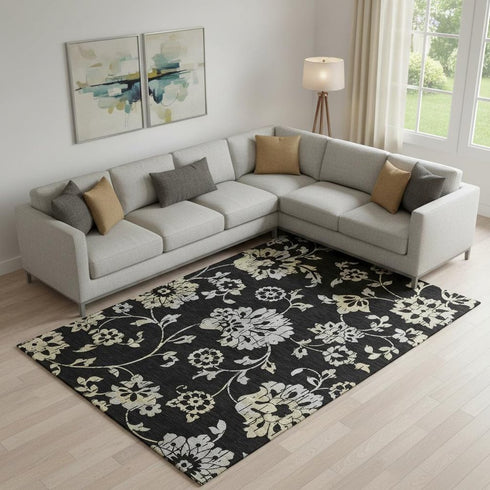 9' X 12' Black Silver And Beige Floral Washable Area Rug With UV Protection