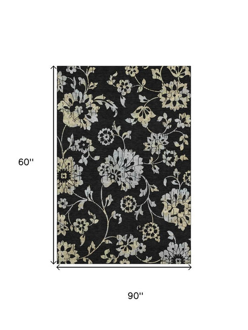 9' X 12' Black Silver And Beige Floral Washable Area Rug With UV Protection