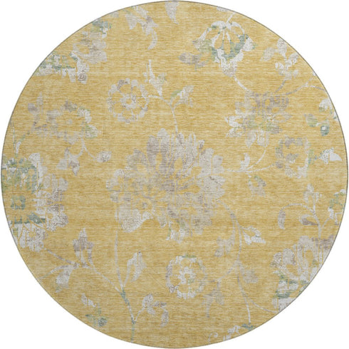 8' Gold And Silver Floral Washable Round Rug With UV Protection
