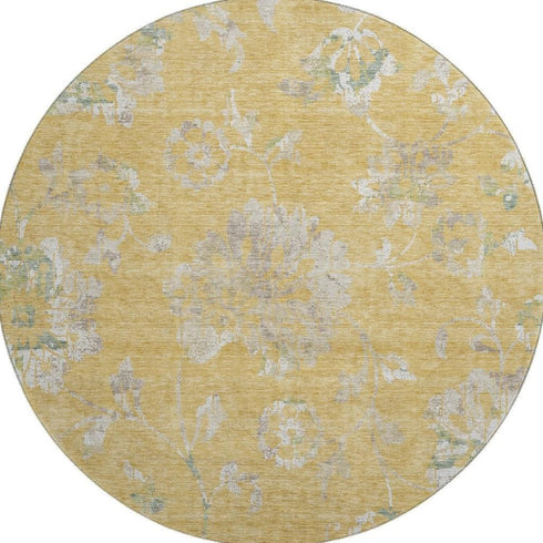 8' Gold And Silver Floral Washable Round Rug With UV Protection