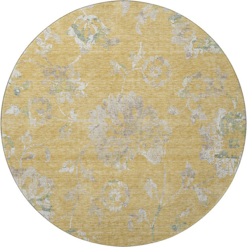 8' Gold And Silver Floral Washable Round Rug With UV Protection
