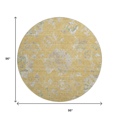 8' Gold And Silver Floral Washable Round Rug With UV Protection