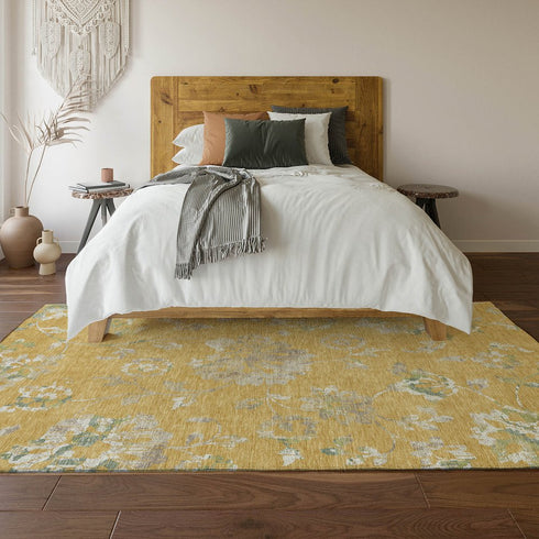 8' X 10' Gold And Silver Floral Washable Area Rug With UV Protection