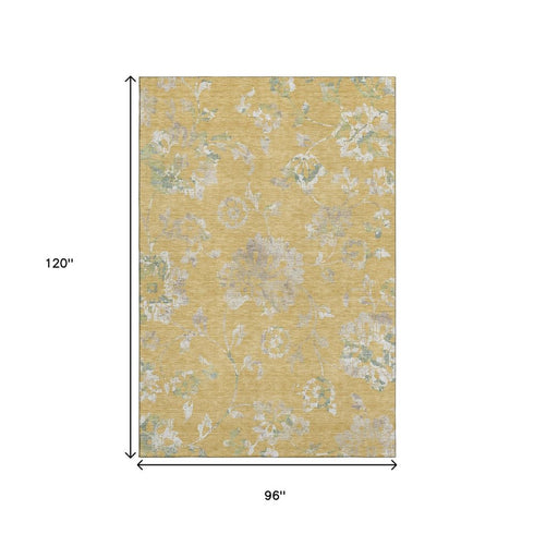 8' X 10' Gold And Silver Floral Washable Area Rug With UV Protection