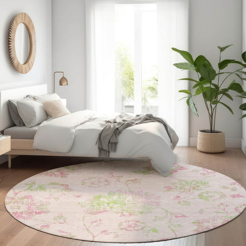 8' Pink And Green Floral Washable Round Rug With UV Protection