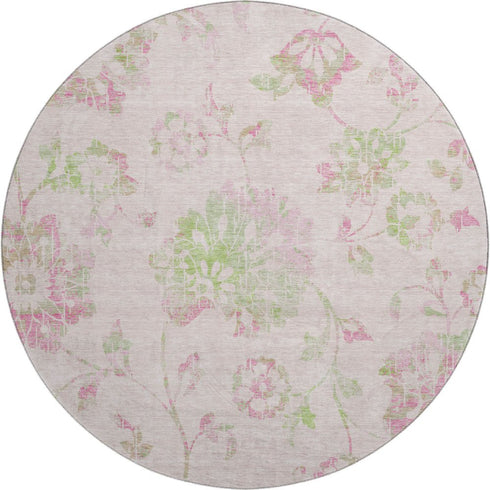 8' Pink And Green Floral Washable Round Rug With UV Protection