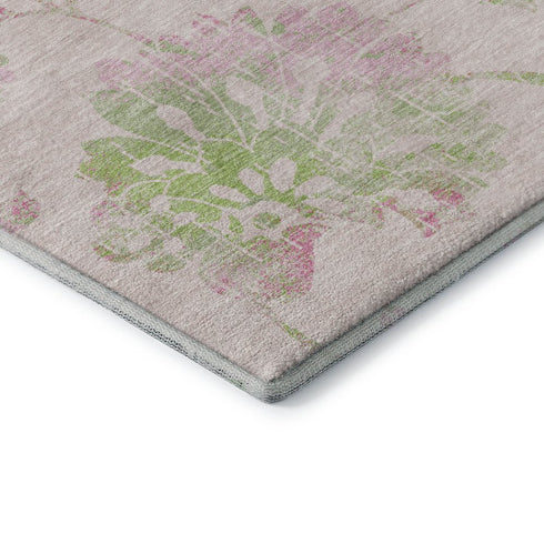 8' Pink And Green Floral Washable Round Rug With UV Protection