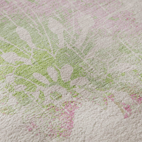 8' Pink And Green Floral Washable Round Rug With UV Protection