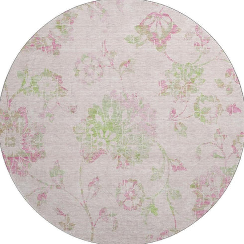 8' Pink And Green Floral Washable Round Rug With UV Protection
