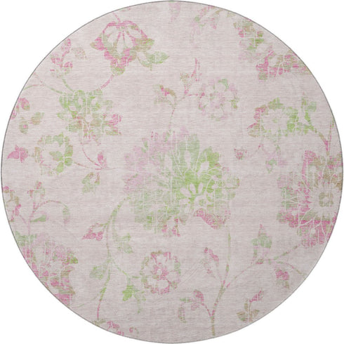 8' Pink And Green Floral Washable Round Rug With UV Protection