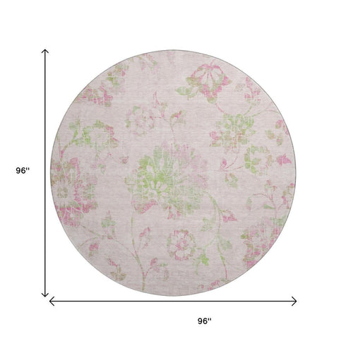 8' Pink And Green Floral Washable Round Rug With UV Protection