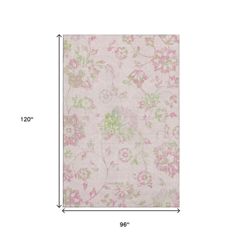 8' X 10' Pink And Green Floral Washable Area Rug With UV Protection