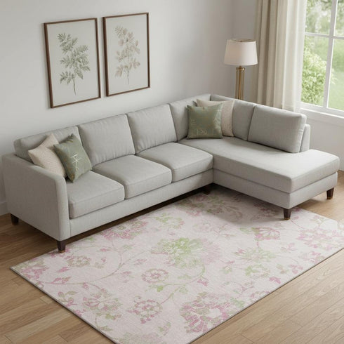 8' X 10' Pink And Green Floral Washable Area Rug With UV Protection